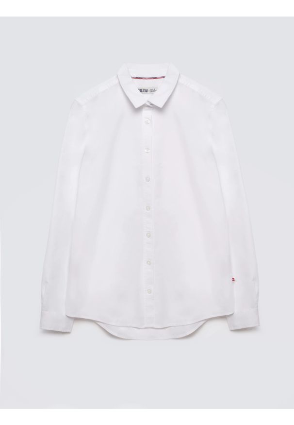 Big-Star - Koszula damska klasyczna biała Hansai 101. Okazja: na spotkanie biznesowe, do pracy. Typ kołnierza: kołnierzyk klasyczny. Kolor: biały. Materiał: bawełna. Długość rękawa: długi rękaw. Długość: długie. Wzór: ze splotem. Styl: klasyczny