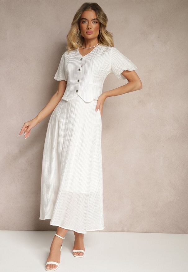 Renee - Biały Komplet z Wiskozy Koszula i Spódnica o Rozkloszowanym Kroju Nanorela. Kolor: biały. Materiał: wiskoza