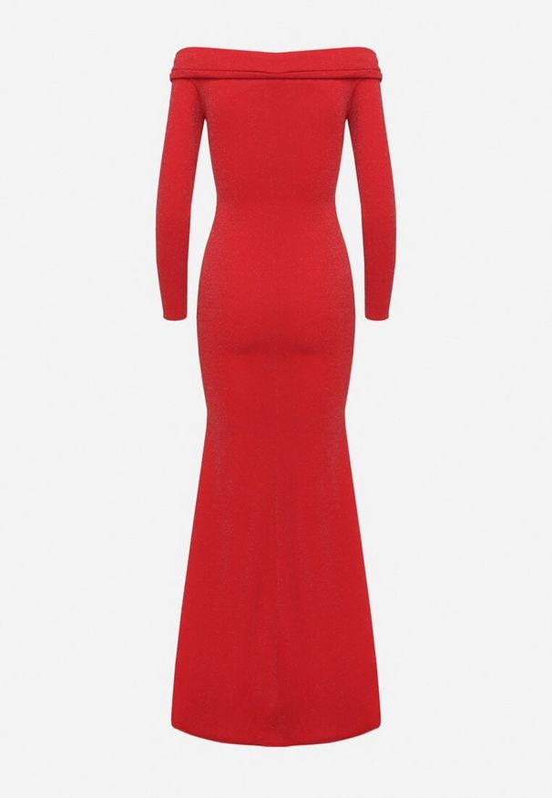 Born2be - Czerwona Dopasowana Sukienka Hiszpanka z Rozcięciem i Rozszerzanym Dołem Emilenne. Typ kołnierza: dekolt hiszpanka. Kolor: czerwony. Długość rękawa: długi rękaw. Typ sukienki: z odkrytymi ramionami. Styl: wizytowy