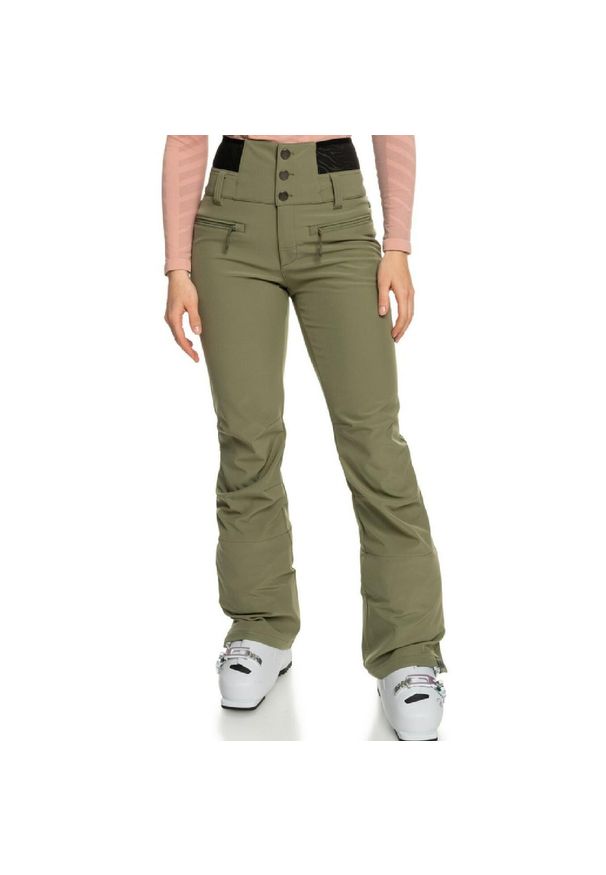 Spodnie narciarskie damskie Roxy Rising High Shell Snow. Kolor: zielony. Materiał: poliester, elastan. Sezon: zima. Sport: narciarstwo