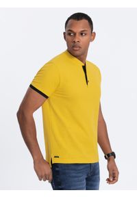 Ombre Clothing - Męska koszulka polo bez kołnierzyka - żółta V9 OM-TSCT-0156 - XXL. Typ kołnierza: bez kołnierzyka, polo. Kolor: żółty. Materiał: bawełna. Długość: długie