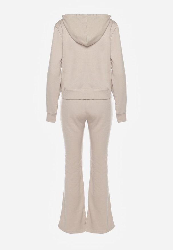 Renee - Beżowy Komplet Dresowy z Bawełny Spodnie Dzwony i Rozpinana Bluza z Kapturem Auim. Kolor: beżowy. Materiał: bawełna, dresówka