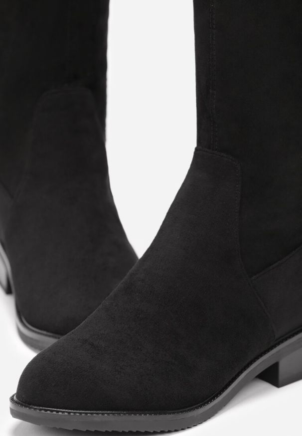 Born2be - Czarne Kozaki z Imitacji Zamszu z Cholewką za Kolano Palvica. Wysokość cholewki: za kolano. Kolor: czarny. Materiał: zamsz. Szerokość cholewki: normalna. Obcas: na obcasie. Wysokość obcasa: niski