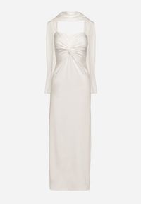 Born2be - Biała Taliowana Sukienka Ozdobiona Szalem i Marszczeniem Melovea. Okazja: na co dzień. Kolor: biały. Materiał: skóra. Długość rękawa: na ramiączkach. Wzór: aplikacja. Styl: casual, elegancki #2