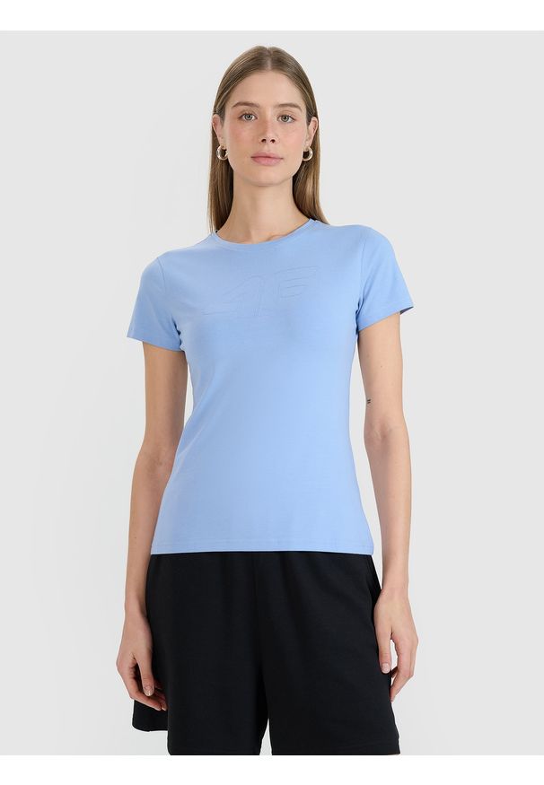 4f - 4F T-shirt slim z nadrukiem damski - granatowy XL. Okazja: na co dzień. Kolor: niebieski. Materiał: dzianina, bawełna, jersey, materiał, elastan. Wzór: nadruk. Styl: klasyczny, sportowy, casual