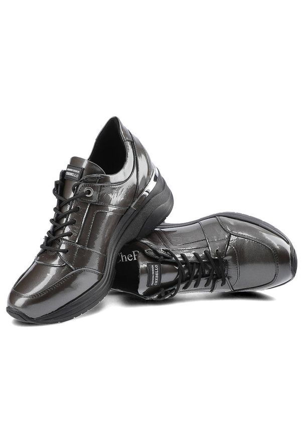 CheBello - Czarne Sneakersy Damskie Chebello Skórzane Obuwie. Okazja: na co dzień. Kolor: szary. Materiał: skóra. Szerokość cholewki: normalna. Obcas: na koturnie. Styl: casual, sportowy