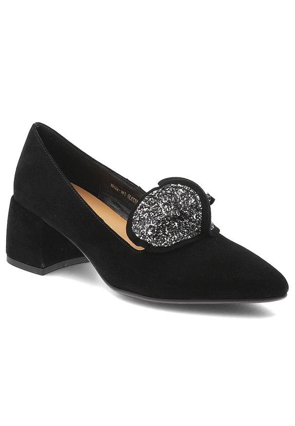 S.Barski - Czółenka damskie S. Barski, na klocku zamszowe z ozdobą i noskiem w szpic, czarne-srebrne, MR52-181. Kolor: czarny. Materiał: zamsz. Szerokość cholewki: normalna. Wzór: aplikacja. Obcas: na obcasie. Styl: glamour, elegancki, klasyczny, wizytowy. Wysokość obcasa: średni