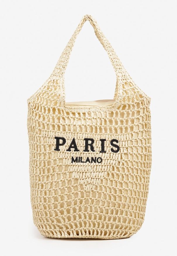 Born2be - Beżowa Torebka Shopper z Plecionką i Napisami Navessa. Kolor: beżowy. Wzór: napisy. Sezon: lato, wiosna. Styl: klasyczny, casual