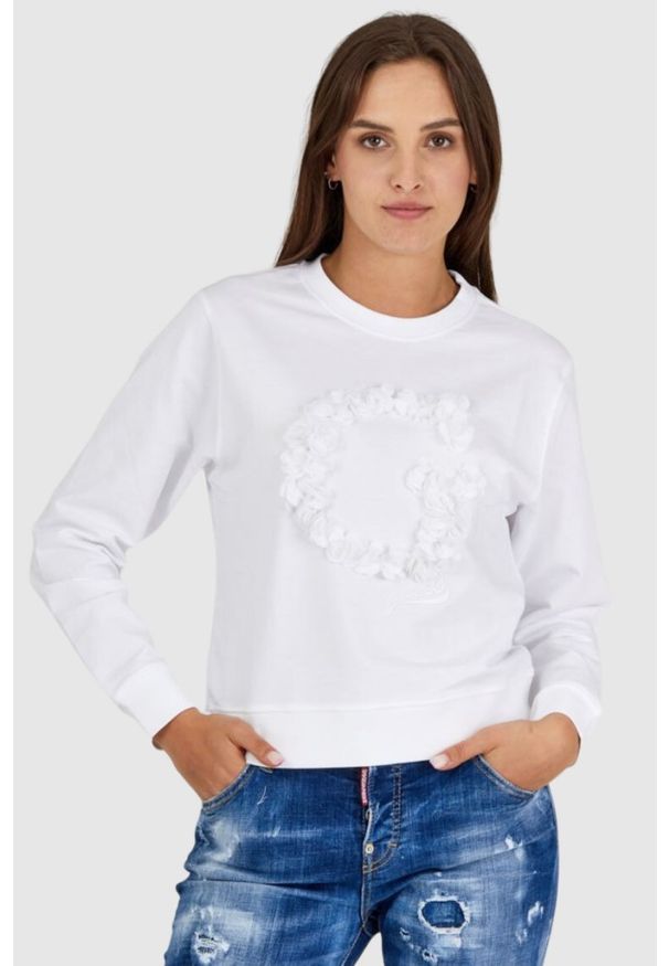 Guess - GUESS Biała bluza damska z literką g obszytą płatkami, Rozmiar M. Kolor: biały. Materiał: bawełna. Wzór: aplikacja
