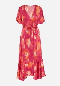 Born2be - Fuksjowo-Pomarańczowa Sukienka z Kopertowym Dekoltem z Materiałowym Paskiem i Gumką w Talii Vikiama. Okazja: na imprezę. Kolor: różowy. Materiał: materiał. Typ sukienki: kopertowe. Styl: elegancki, sportowy #6