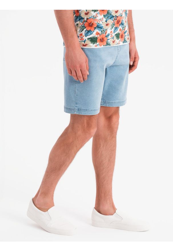 Ombre Clothing - Szorty męskie z gumką w pasie i efektem sprania – jasnoniebieskie V1 OM-SRDS-0192 - XXL. Okazja: na co dzień. Kolor: niebieski. Materiał: bawełna, materiał, skóra, elastan, denim. Sezon: lato. Styl: elegancki, casual