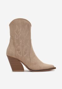 Born2be - Beżowe Botki Kowbojki na Stożku Ozdobione Haftem Torinora. Nosek buta: szpiczasty. Zapięcie: zamek. Kolor: beżowy. Materiał: materiał. Wzór: haft, aplikacja. Sezon: jesień, zima. Obcas: na stożku. Styl: klasyczny. Wysokość obcasa: średni #2