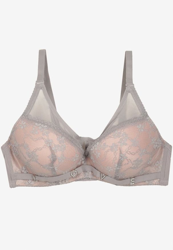 Born2be - Szaro-Różowy Biustonosz z Koronkowymi Zdobieniami i Odpinanymi Ramiączkami Renarra. Kolor: szary. Materiał: koronka. Rodzaj stanika: odpinane ramiączka. Wzór: aplikacja