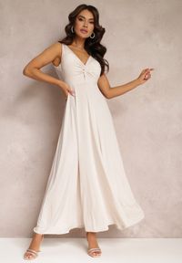 Renee - Beżowa Sukienka Maxi Bez Rękawów z Ozdobnym Marszczeniem na Biuście Eliphira. Kolor: beżowy. Długość rękawa: bez rękawów. Długość: maxi #1