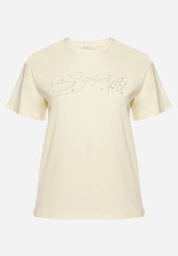 Born2be - Żółty Bawełniany T-shirt z Ozdobnym Napisem i Cyrkoniami Olisandra. Okazja: na co dzień. Kolekcja: plus size. Kolor: żółty. Materiał: bawełna. Wzór: napisy. Styl: klasyczny, casual #5