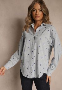 Renee - Niebieska Koszula z Bawełny w Serduszka i Drobne Paseczki Fenimalla. Okazja: na randkę. Kolor: niebieski. Materiał: bawełna. Styl: klasyczny, elegancki #5