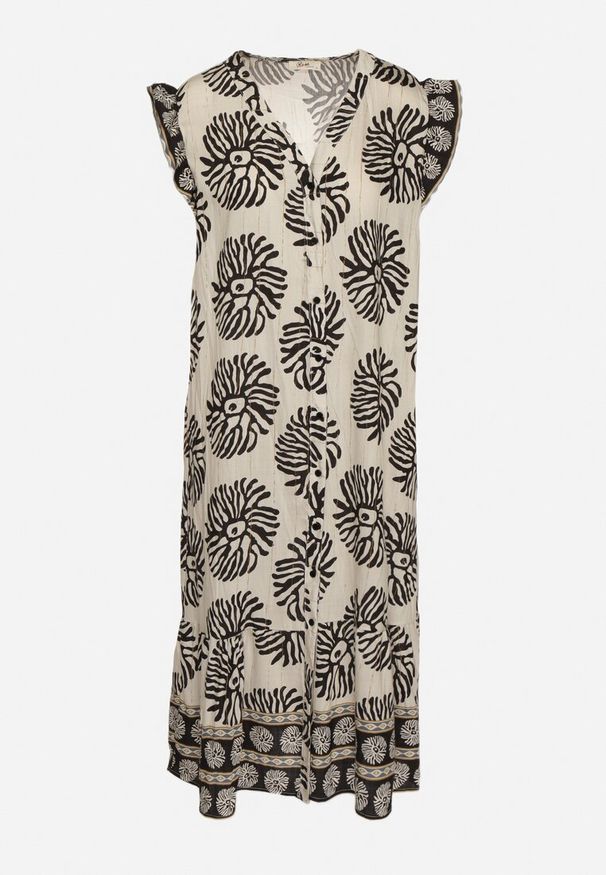 Born2be - Czarna Koszulowa Sukienka z Wiskozą i Geometrycznym Wzorem Siledia. Okazja: na co dzień. Typ kołnierza: kołnierz z falbankami. Kolor: czarny. Materiał: wiskoza. Wzór: geometria. Typ sukienki: koszulowe. Styl: casual, elegancki