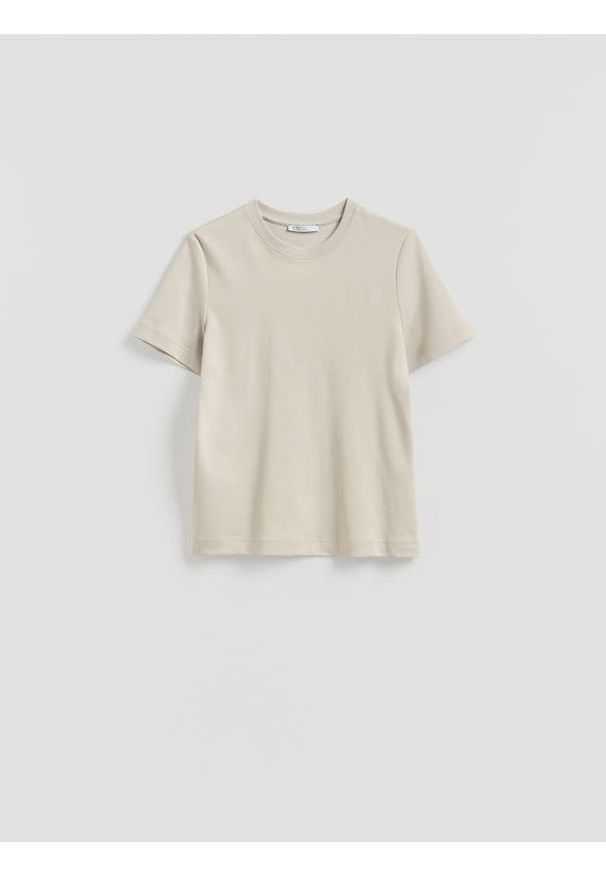 Reserved - T-shirt z bawełny merceryzowanej - beżowy. Kolor: beżowy. Materiał: bawełna