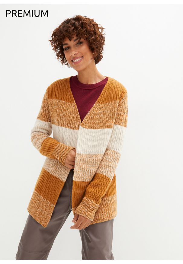 bonprix - Sweter bez zapięcia, z domieszką materiału Good Cashmere Standard®. Kolor: brązowy. Materiał: materiał