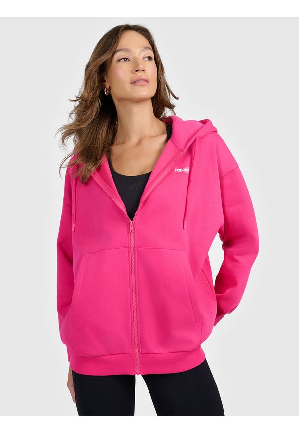 4f - 4F Bluza dresowa rozpinana z kapturem damska - różowa L. Typ kołnierza: kaptur. Kolor: różowy. Materiał: dresówka. Sezon: zima