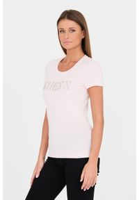 Guess - GUESS Różowy damski t-shirt bawełniany Stones Logo Tee, Rozmiar XL. Kolor: różowy. Materiał: bawełna