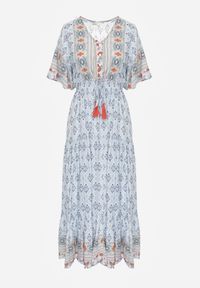 Renee - Jasnoniebieska Sukienka Maxi z Krótkim Rękawem i Gumką w Talii Emaya. Kolor: niebieski. Materiał: wiskoza, tkanina. Długość rękawa: krótki rękaw. Styl: boho. Długość: maxi #3