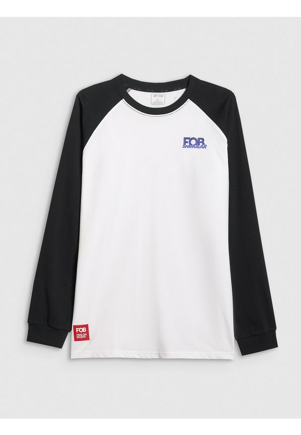 4f - 4F Longsleeve oversize męski - biały S. Okazja: na co dzień. Kolor: biały. Materiał: materiał. Długość rękawa: długi rękaw. Wzór: nadruk, aplikacja. Styl: casual