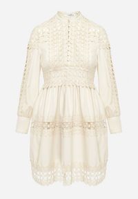 Born2be - Beżowa Sukienka z Koronką i Guzikami przy Dekolcie Thompson. Kolor: beżowy. Materiał: koronka. Wzór: koronka #5