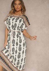 Renee - Biała Wiskozowa Sukienka o Pudełkowym Kroju w Etniczny Print Miriliana. Okazja: na co dzień. Kolor: biały. Materiał: wiskoza. Wzór: nadruk. Typ sukienki: proste. Styl: elegancki, casual #5