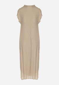 Born2be - Beżowa Sukienka Pudełkowa Ozdobiona Wiązaniem Napelira. Okazja: na co dzień. Kolor: beżowy. Materiał: jeans. Wzór: aplikacja. Styl: klasyczny, casual, elegancki #6