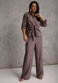 Renee - Brązowy Komplet z Wiskozą Bawełną i Lnem Wiązana Koszula i Szerokie Spodnie Ravisela. Kolor: brązowy. Materiał: wiskoza, bawełna, len #1