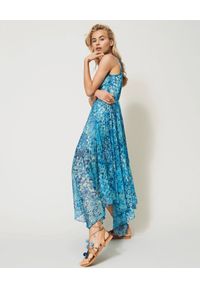 TwinSet - TWINSET - Niebieska sukienka z asymetrycznym dołem. Kolor: niebieski. Wzór: kwiaty, nadruk. Typ sukienki: asymetryczne. Długość: maxi #2