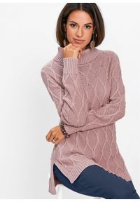 bonprix - Sweter dzianinowy w warkocze. Typ kołnierza: golf. Kolor: różowy. Materiał: dzianina. Długość: długie