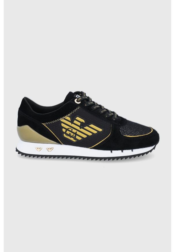 EA7 Emporio Armani Buty kolor czarny na płaskiej podeszwie. Nosek buta: okrągły. Zapięcie: sznurówki. Kolor: czarny. Materiał: guma. Obcas: na płaskiej podeszwie