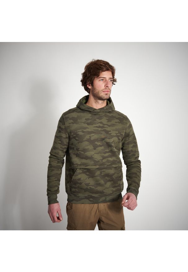 SOLOGNAC - Bluza outdoor z kapturem Solognac 500 Camo Halftone. Typ kołnierza: kaptur. Kolor: zielony. Materiał: materiał, bawełna, poliester, elastan. Sport: outdoor