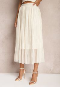Renee - Jasnobeżowa Rozkloszowana Spódnica z Tiulu Wykończona Gumką w Pasie Risshara. Okazja: na co dzień. Kolor: beżowy. Materiał: tiul. Styl: elegancki, casual #5