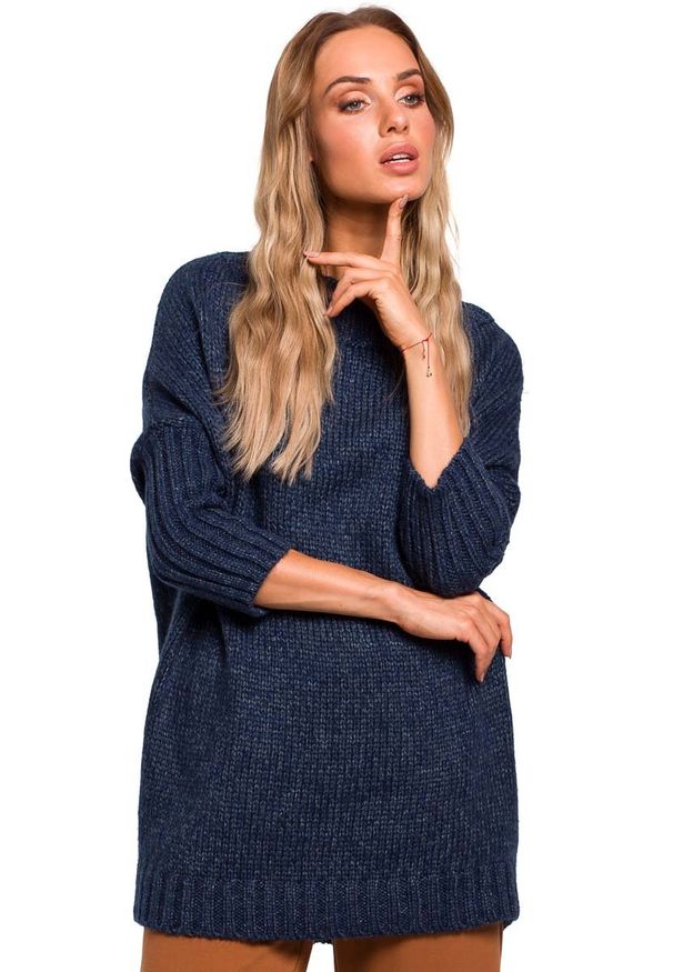 MOE - Granatowy Melanżowy Oversizowy Sweter z Półgolfem. Kolor: niebieski. Materiał: wełna, akryl, poliamid. Wzór: melanż