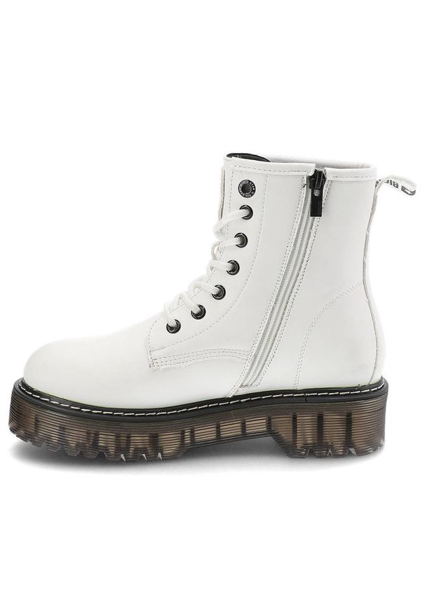 Big-Star - Białe Glany Big Star Damskie Modne Buty Jesienne. Okazja: na co dzień. Kolor: biały. Materiał: materiał, skóra ekologiczna. Szerokość cholewki: normalna. Sezon: jesień. Obcas: na obcasie. Styl: casual. Wysokość obcasa: niski