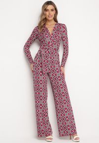 Born2be - Fuksjowy Wzorzysty Kombinezon z Długim Rękawem i Szerokimi Spodniami z Wiązaniem w Pasie Vilati. Kolor: różowy. Długość rękawa: długi rękaw. Długość: długie. Wzór: geometria. Styl: elegancki #3