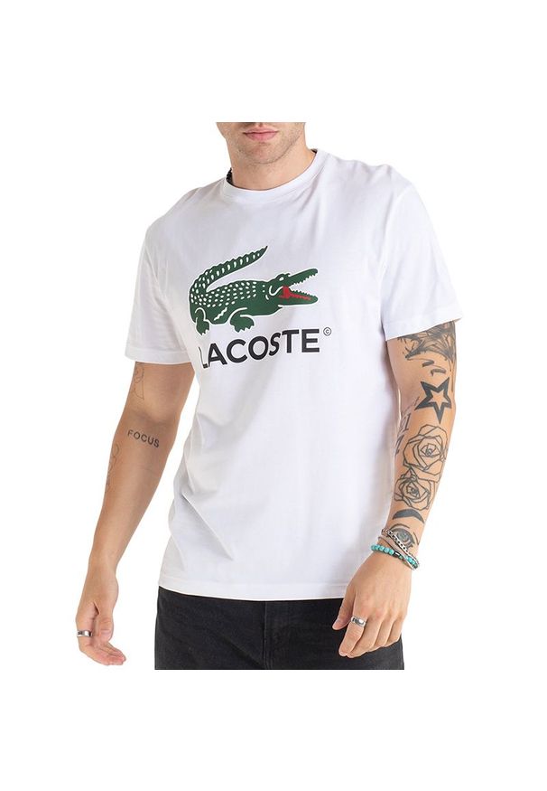 Koszulka Lacoste TH1285-001 - biała. Kolor: biały. Materiał: bawełna, materiał. Długość rękawa: krótki rękaw. Długość: krótkie. Wzór: aplikacja
