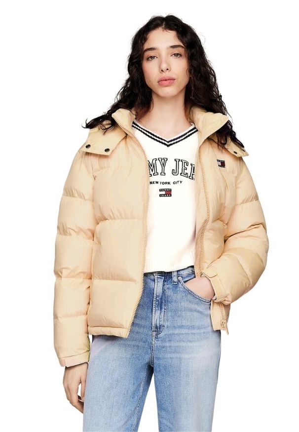 Tommy Jeans - TOMMY JEANS Żółta pikowana damska kurtka, Rozmiar M. Kolor: żółty. Materiał: poliester. Długość rękawa: długi rękaw. Długość: długie. Styl: elegancki