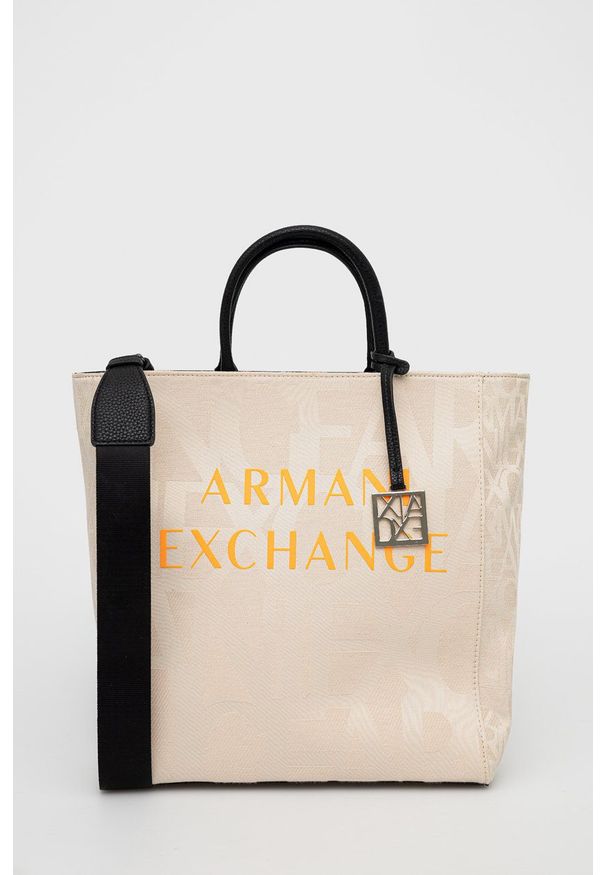 Armani Exchange torebka 942808.CC708 kolor beżowy. Kolor: beżowy. Wzór: nadruk. Materiał: z nadrukiem. Rodzaj torebki: na ramię
