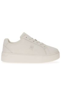 TOMMY HILFIGER - Buty damskie Tommy Hilfiger Nubuck Leather Platform Court FW0FW07912-YBL - beżowe. Okazja: na co dzień. Kolor: beżowy. Materiał: nubuk. Szerokość cholewki: normalna. Obcas: na platformie
