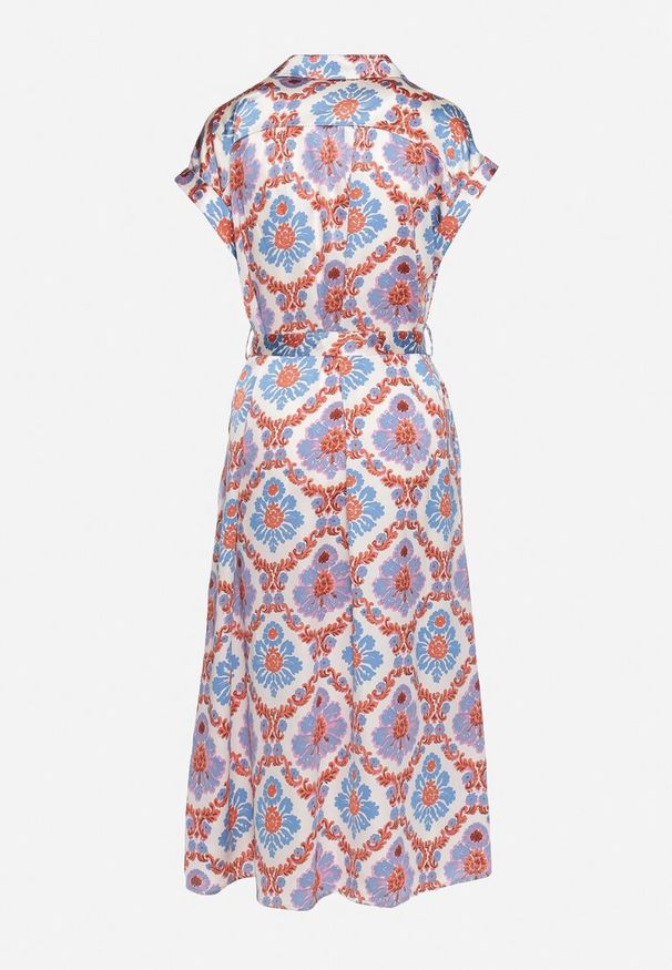 Born2be - Niebiesko-Pomarańczowa Koszulowa Boho Sukienka z Wiskozą na Guziki z Paskiem Hosofia. Kolor: niebieski. Materiał: wiskoza. Sezon: lato. Typ sukienki: koszulowe. Styl: boho