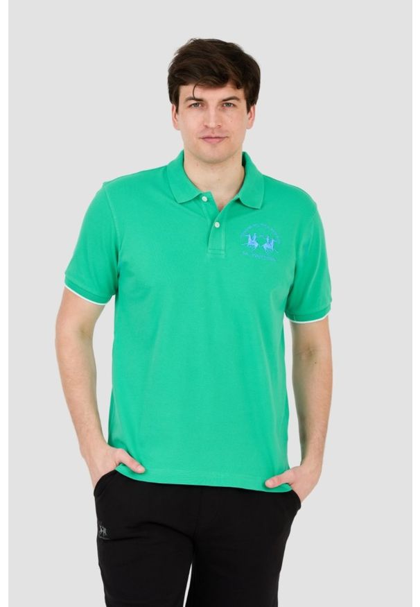 La Martina - LA MARTINA Zielone męskie polo z dużym logo, Rozmiar M. Typ kołnierza: polo. Kolor: zielony