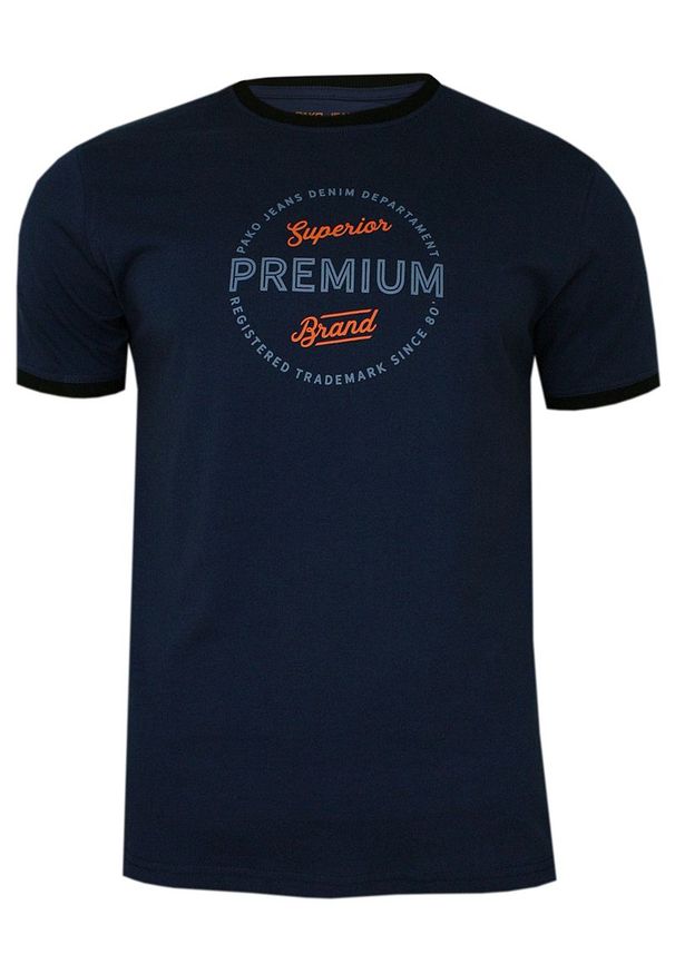 Pako Jeans - Granatowy Bawełniany T-Shirt -PAKO JEANS- Męski, z Napisami, Nadrukiem, Okrągły Dekolt, Krótki Rękaw. Okazja: na co dzień. Kolor: niebieski. Materiał: bawełna. Długość rękawa: krótki rękaw. Długość: krótkie. Wzór: nadruk. Styl: casual