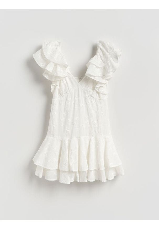 Reserved - Sukienka mini z haftem - złamana biel. Materiał: bawełna. Wzór: haft. Długość: mini