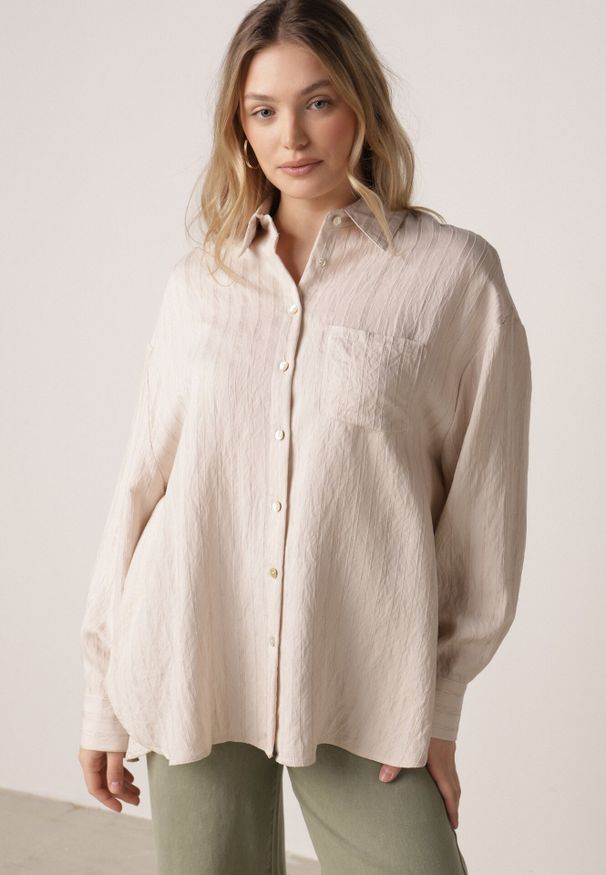 Born2be - Beżowa Wiskozowa Koszula z Dodatkiem Lnu z Tkaniny Strukturalnej Noma. Okazja: na co dzień. Kolor: beżowy. Materiał: tkanina, wiskoza, len. Styl: casual