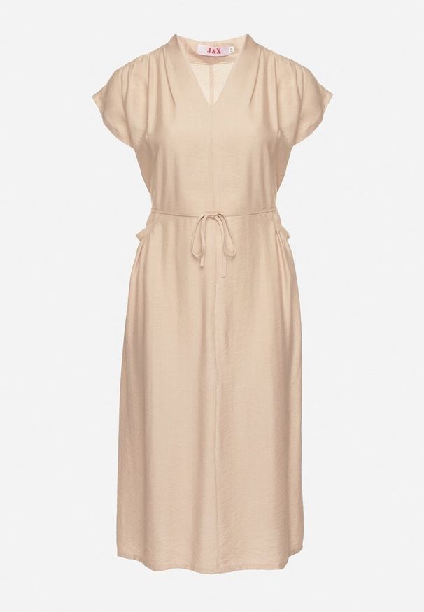 Born2be - Beżowa Wiskozowa Sukienka Pudełkowa z Cienkim Paskiem i Kieszeniami Lumivorae. Okazja: na co dzień. Kolekcja: plus size. Kolor: beżowy. Materiał: wiskoza. Typ sukienki: proste, dla puszystych. Styl: casual, elegancki