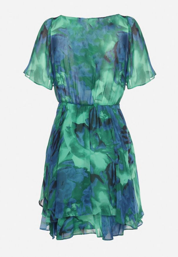 Born2be - Zielono-Niebieska Rozkloszowana Sukienka z Kopertowym Dekoltem i Gumką w Talii Pannestra. Okazja: na co dzień. Typ kołnierza: dekolt kopertowy. Kolor: zielony. Materiał: jeans. Długość rękawa: krótki rękaw. Typ sukienki: kopertowe. Styl: casual, elegancki, wizytowy